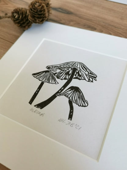 Inkcap fungi original linocut print