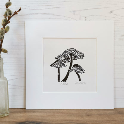 Inkcap fungi original linocut print