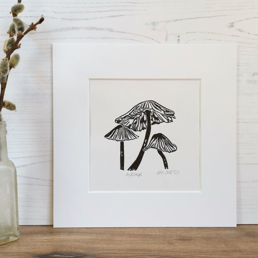 Inkcap fungi original linocut print