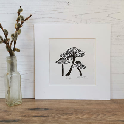 Inkcap fungi original linocut print