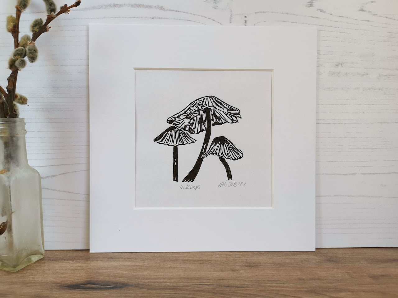 Inkcap fungi original linocut print