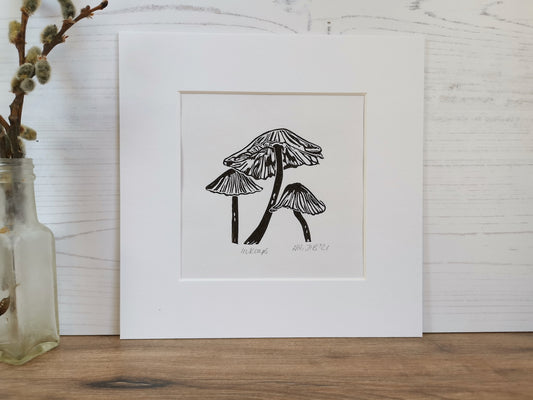 Inkcap fungi original linocut print