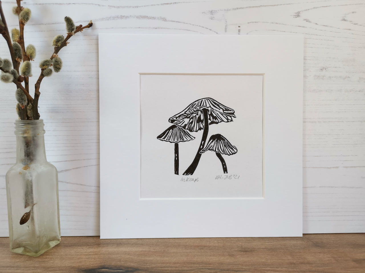 Inkcap fungi original linocut print
