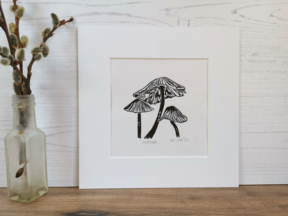 Inkcap fungi original linocut print