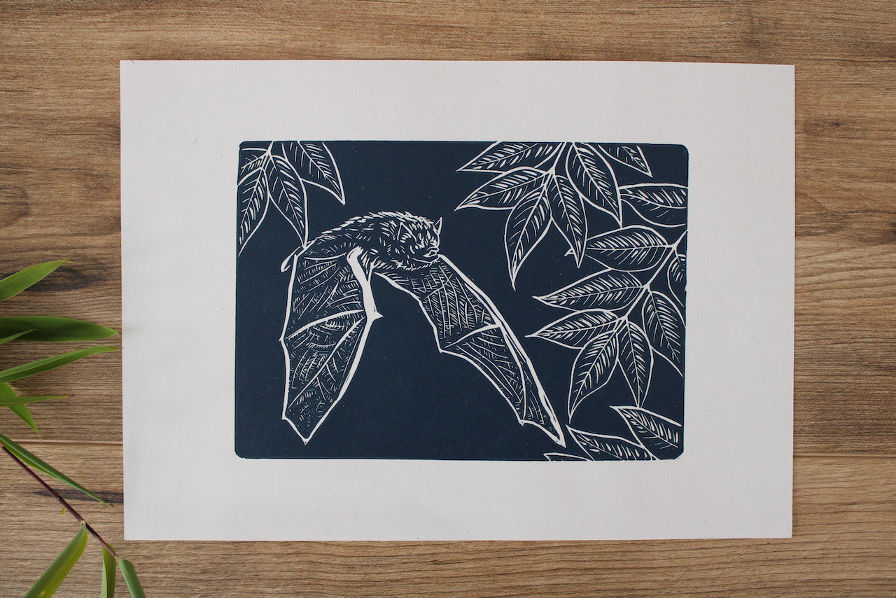 Pipistrelle Bat hand printed linocut nature art print