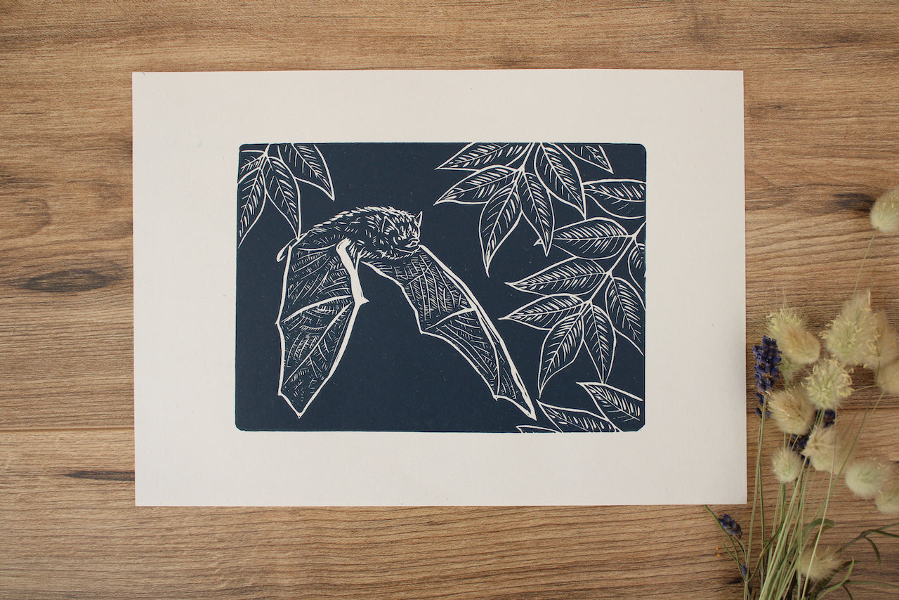 Pipistrelle Bat hand printed linocut nature art print