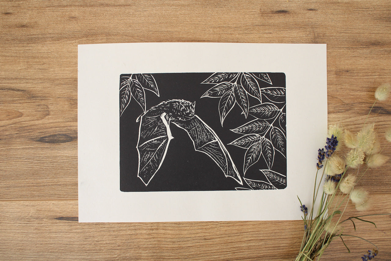 Pipistrelle Bat hand printed linocut nature art print