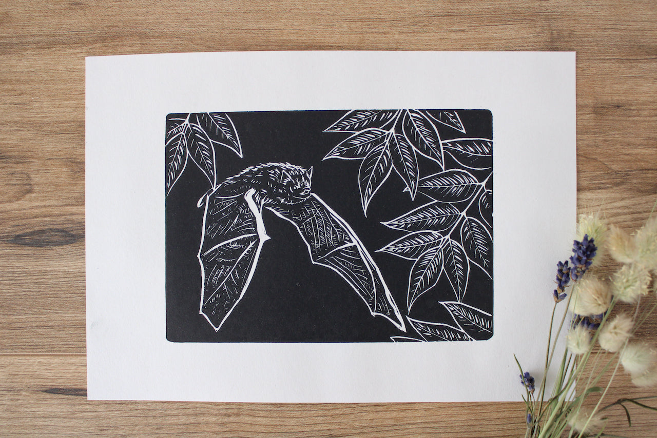 Pipistrelle Bat hand printed linocut nature art print