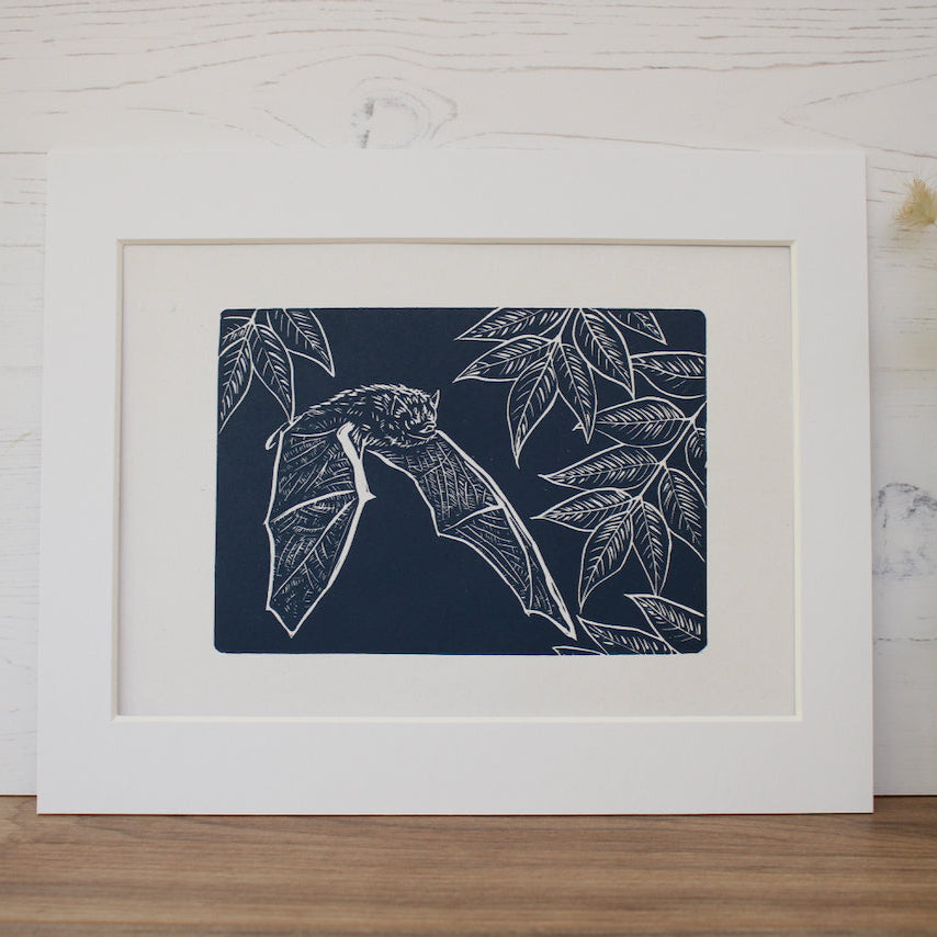 Pipistrelle Bat hand printed linocut nature art print