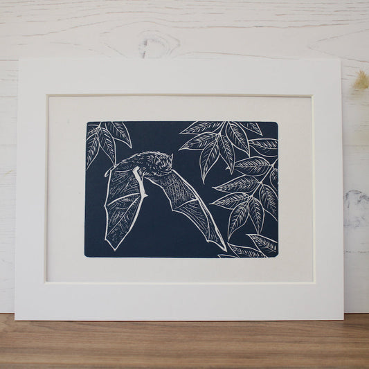 Pipistrelle Bat hand printed linocut nature art print