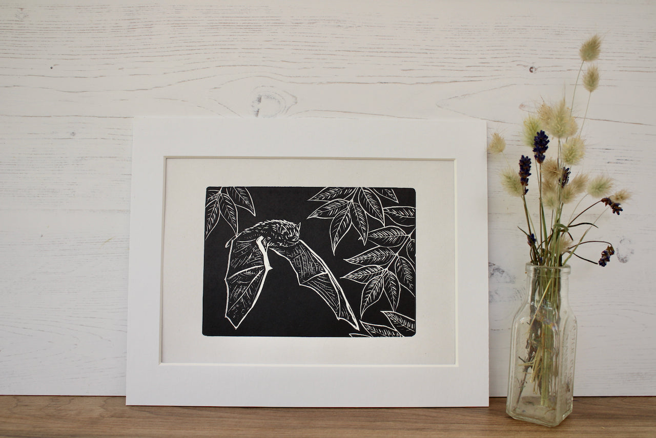 Pipistrelle Bat hand printed linocut nature art print