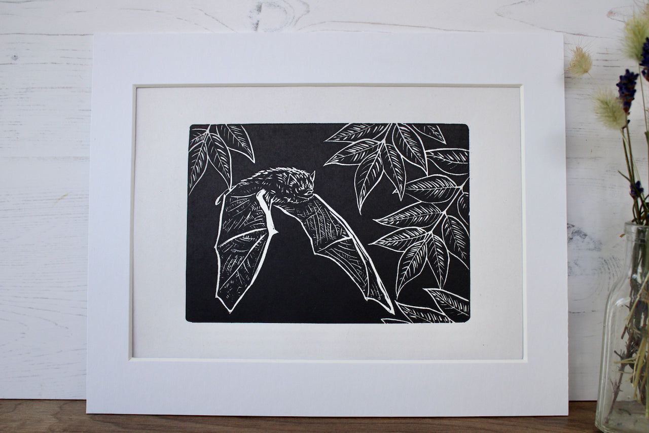 Pipistrelle Bat hand printed linocut nature art print