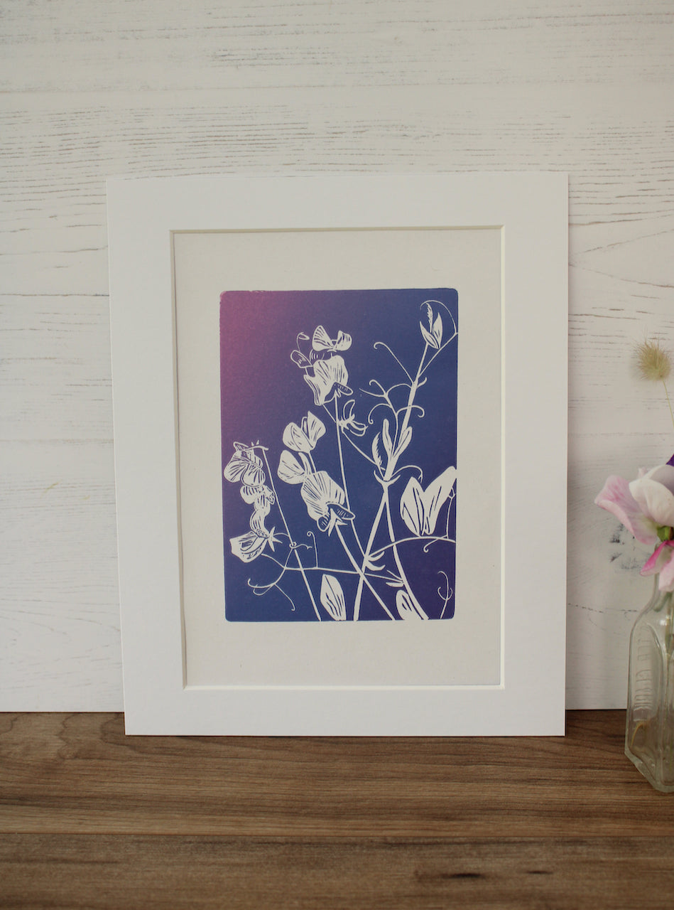 Sweet Peas botanical hand printed linocut garden flower art print