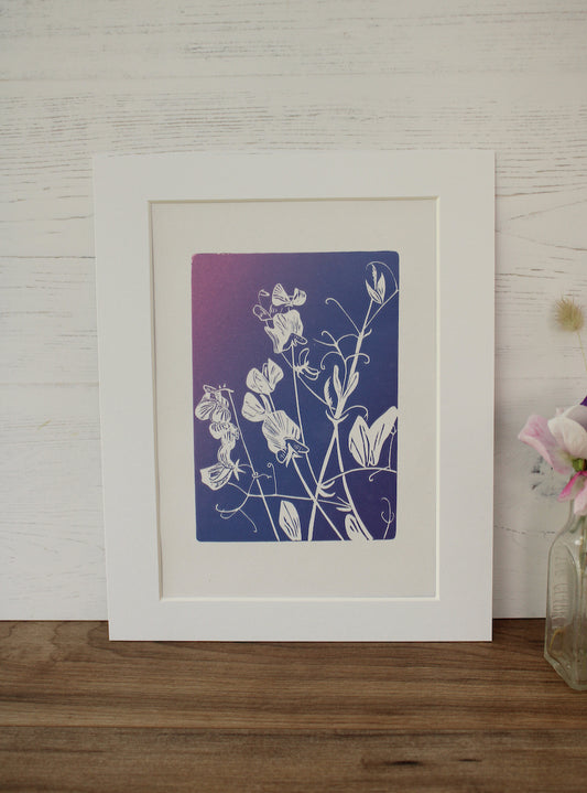 Sweet Peas botanical hand printed linocut garden flower art print
