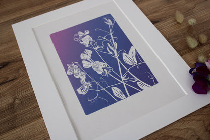 Sweet Peas botanical hand printed linocut garden flower art print
