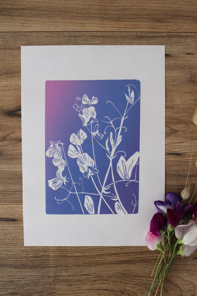 Sweet Peas botanical hand printed linocut garden flower art print