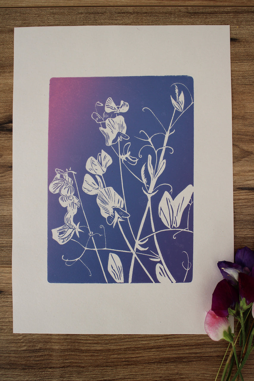 Sweet Peas botanical hand printed linocut garden flower art print