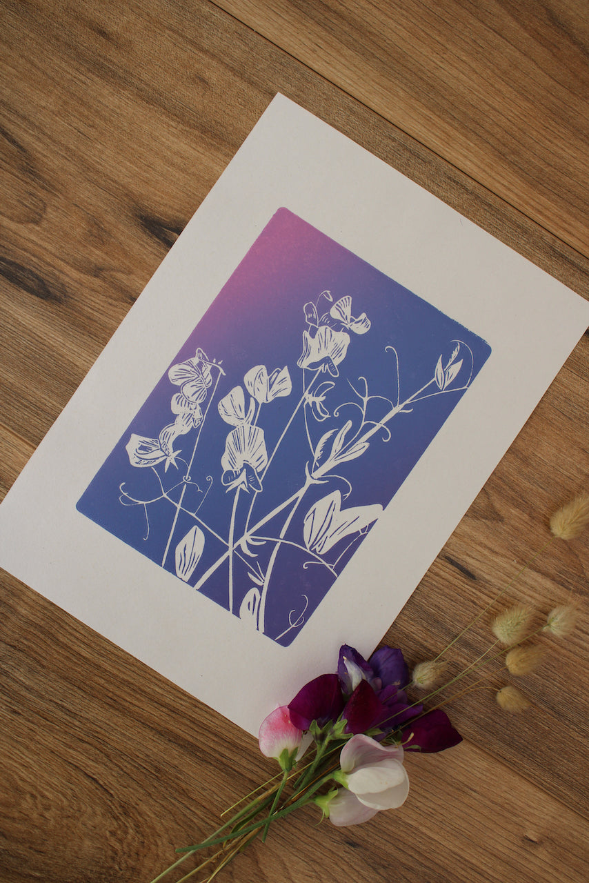 Sweet Peas botanical hand printed linocut garden flower art print
