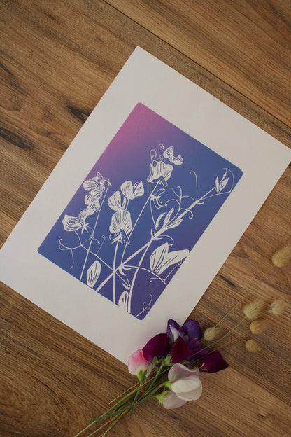 Sweet Peas botanical hand printed linocut garden flower art print