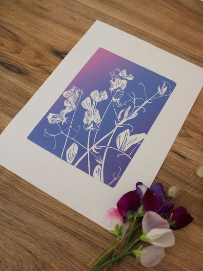 Sweet Peas botanical hand printed linocut garden flower art print