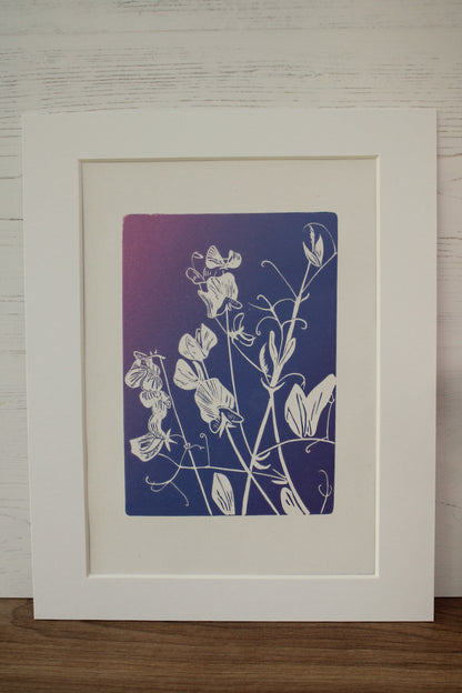 Sweet Peas botanical hand printed linocut garden flower art print