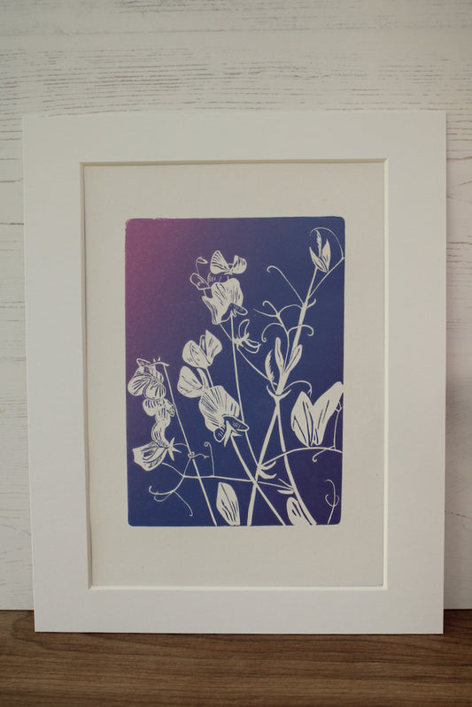 Sweet Peas botanical hand printed linocut garden flower art print