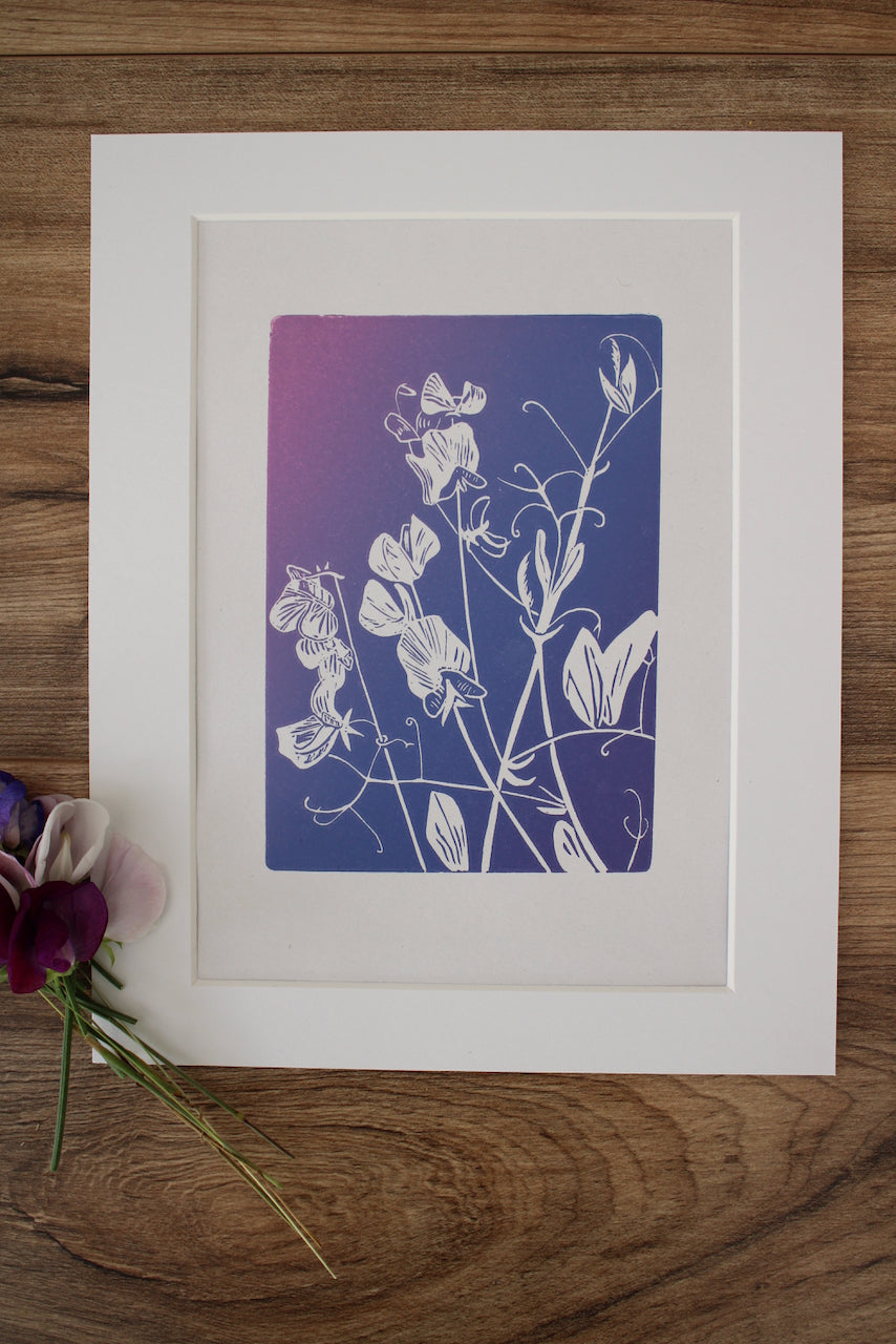 Sweet Peas botanical hand printed linocut garden flower art print