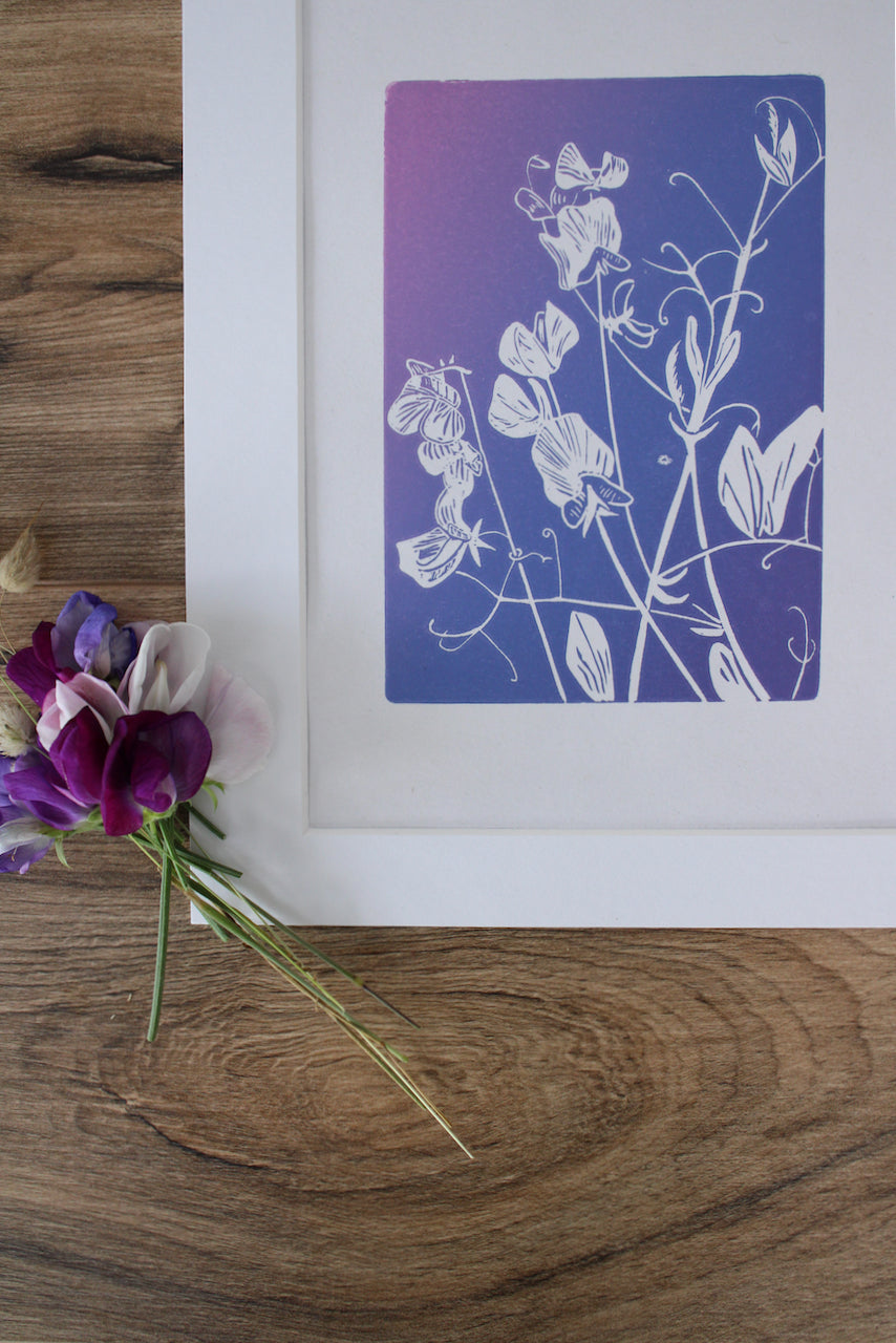 Sweet Peas botanical hand printed linocut garden flower art print
