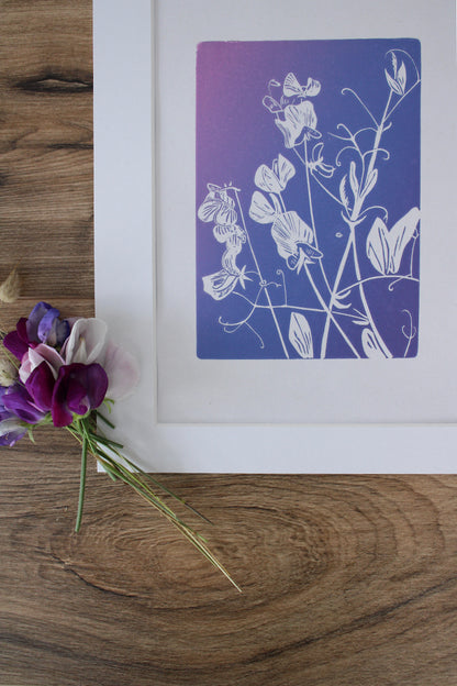 Sweet Peas botanical hand printed linocut garden flower art print