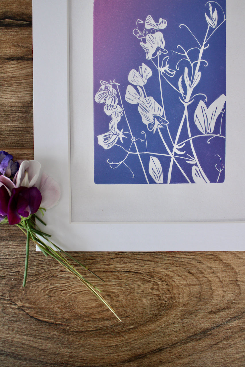 Sweet Peas botanical hand printed linocut garden flower art print