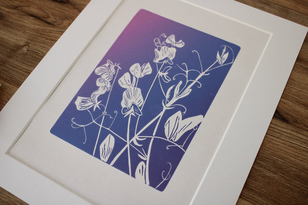 Sweet Peas botanical hand printed linocut garden flower art print
