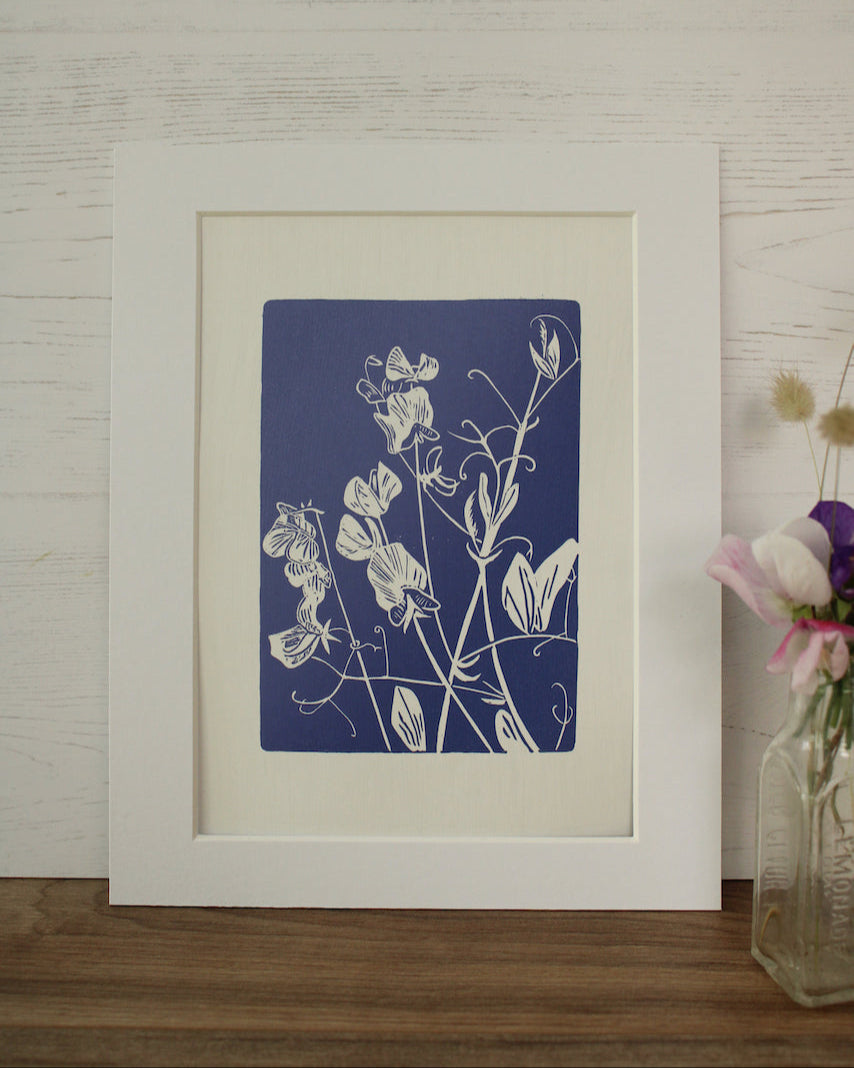 Sweet Peas botanical hand printed linocut garden flower art print - lavender
