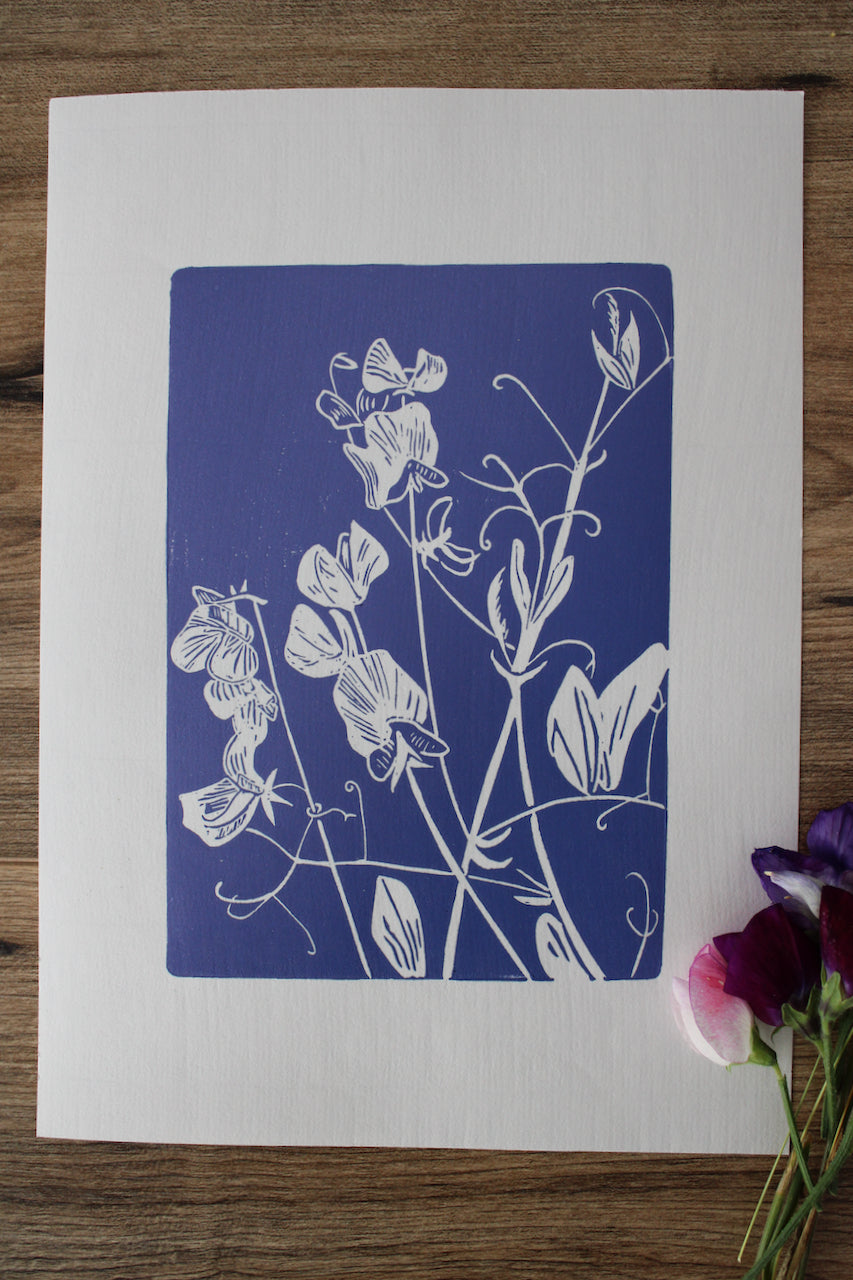 Sweet Peas botanical hand printed linocut garden flower art print - lavender