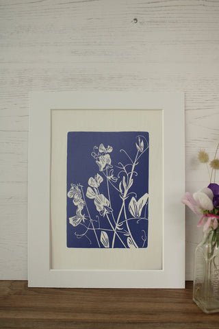 Sweet Peas botanical hand printed linocut garden flower art print - lavender