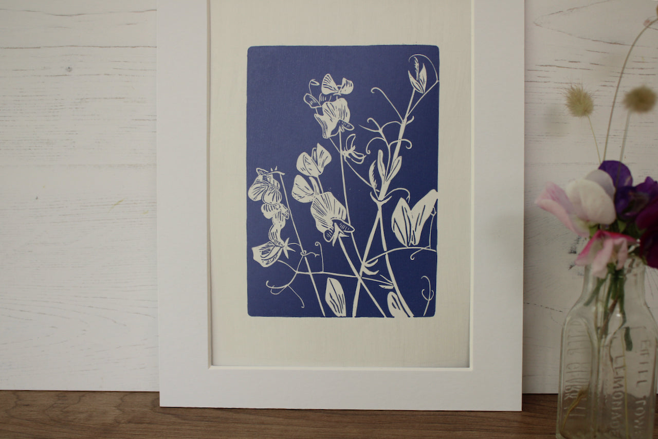Sweet Peas botanical hand printed linocut garden flower art print - lavender