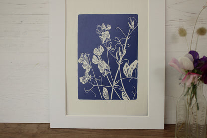 Sweet Peas botanical hand printed linocut garden flower art print - lavender