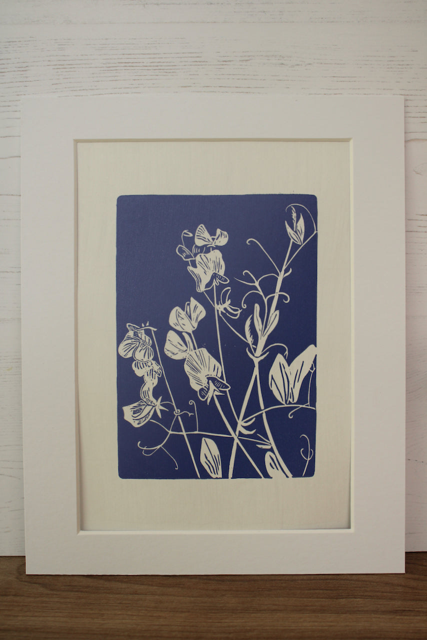 Sweet Peas botanical hand printed linocut garden flower art print - lavender