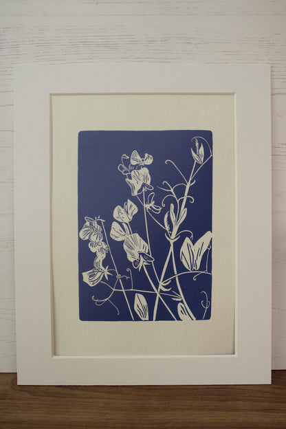 Sweet Peas botanical hand printed linocut garden flower art print - lavender