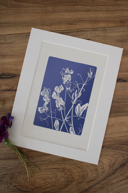 Sweet Peas botanical hand printed linocut garden flower art print - lavender