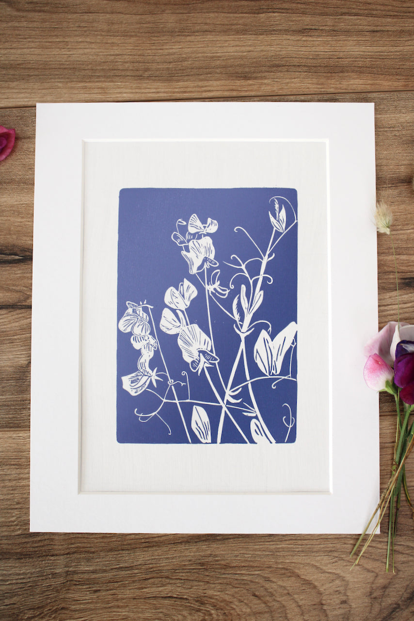 Sweet Peas botanical hand printed linocut garden flower art print - lavender