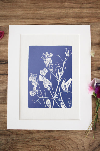 Sweet Peas botanical hand printed linocut garden flower art print - lavender