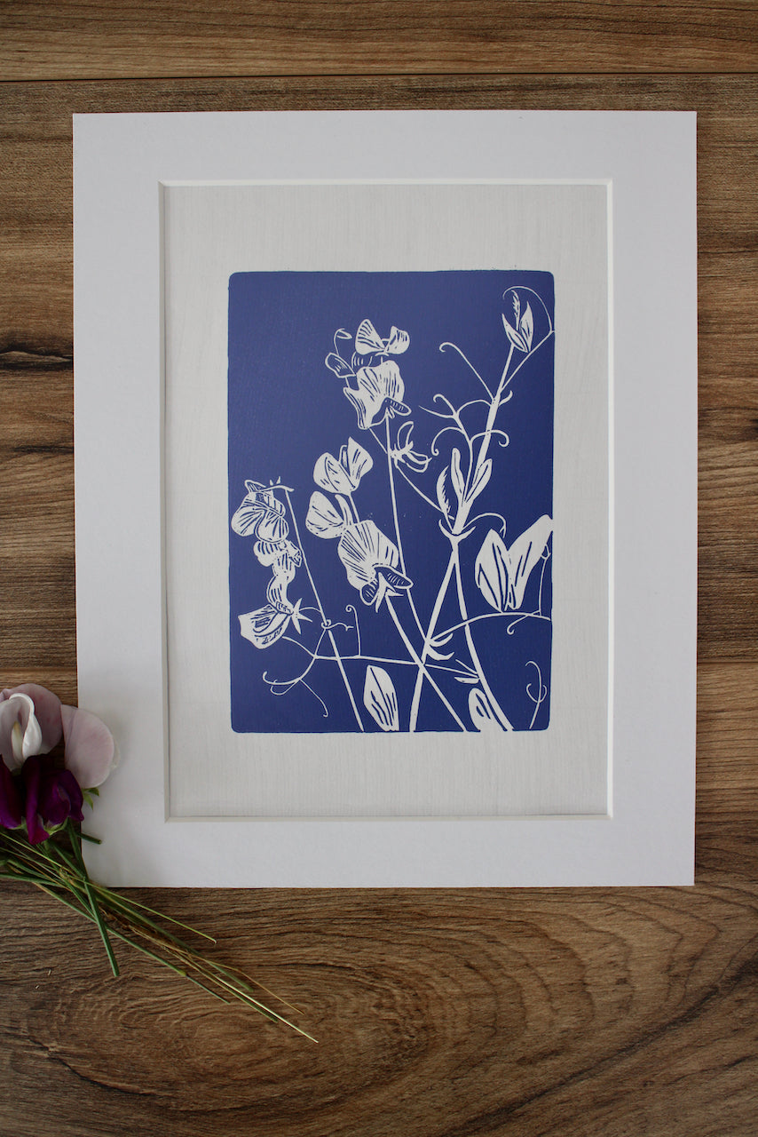 Sweet Peas botanical hand printed linocut garden flower art print - lavender
