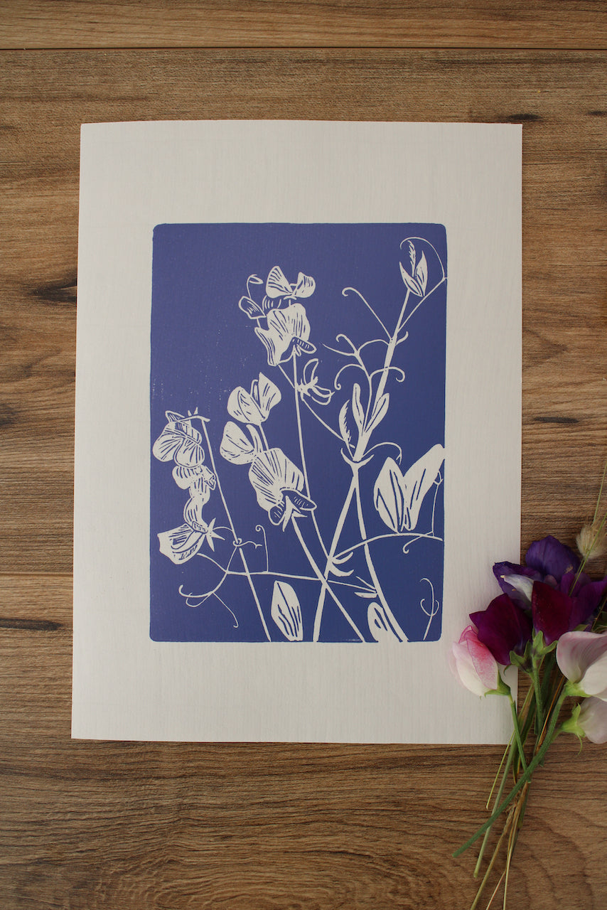 Sweet Peas botanical hand printed linocut garden flower art print - lavender