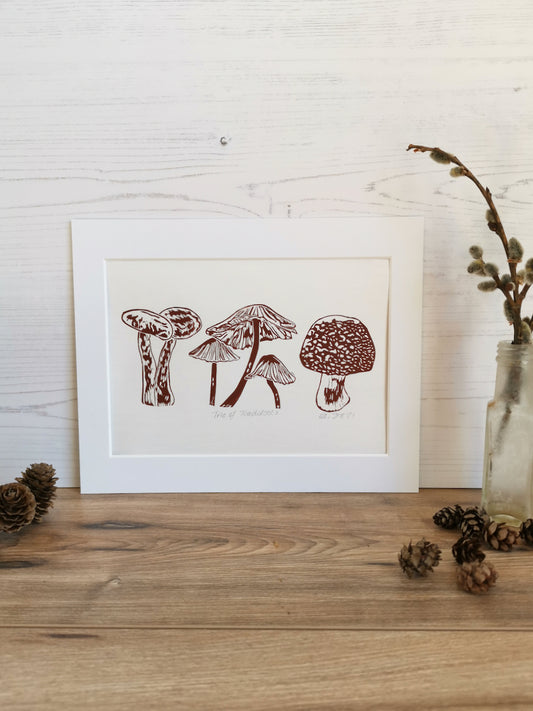 Trio of Toadstools art print - hand printed linocut autumn print wall decor