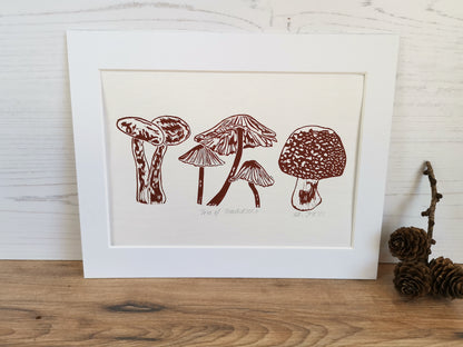 Trio of Toadstools art print - hand printed linocut autumn print wall decor