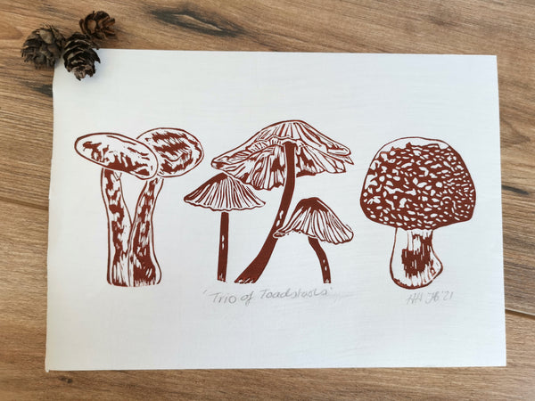 Trio of Toadstools art print - hand printed linocut autumn print wall decor
