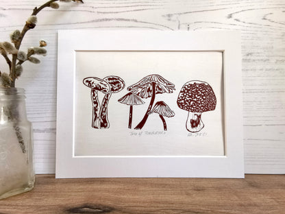 Trio of Toadstools art print - hand printed linocut autumn print wall decor