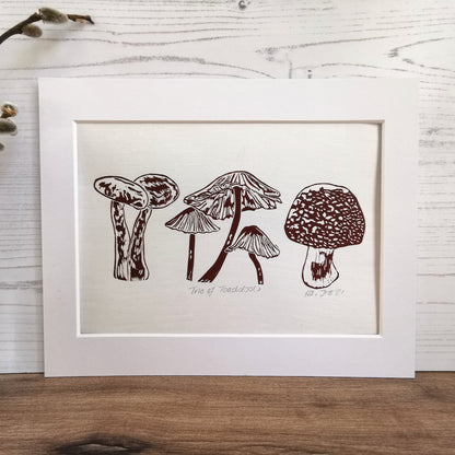 Trio of Toadstools art print - hand printed linocut autumn print wall decor