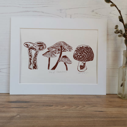 Trio of Toadstools art print - hand printed linocut autumn print wall decor