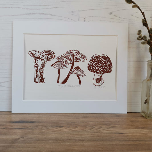 Trio of Toadstools art print - hand printed linocut autumn print wall decor
